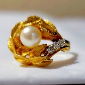 14k yellow gold birds nest Pearl ring